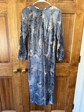 Vince Slate Blue Floral Jacquard Long Sleeve Midi Dress